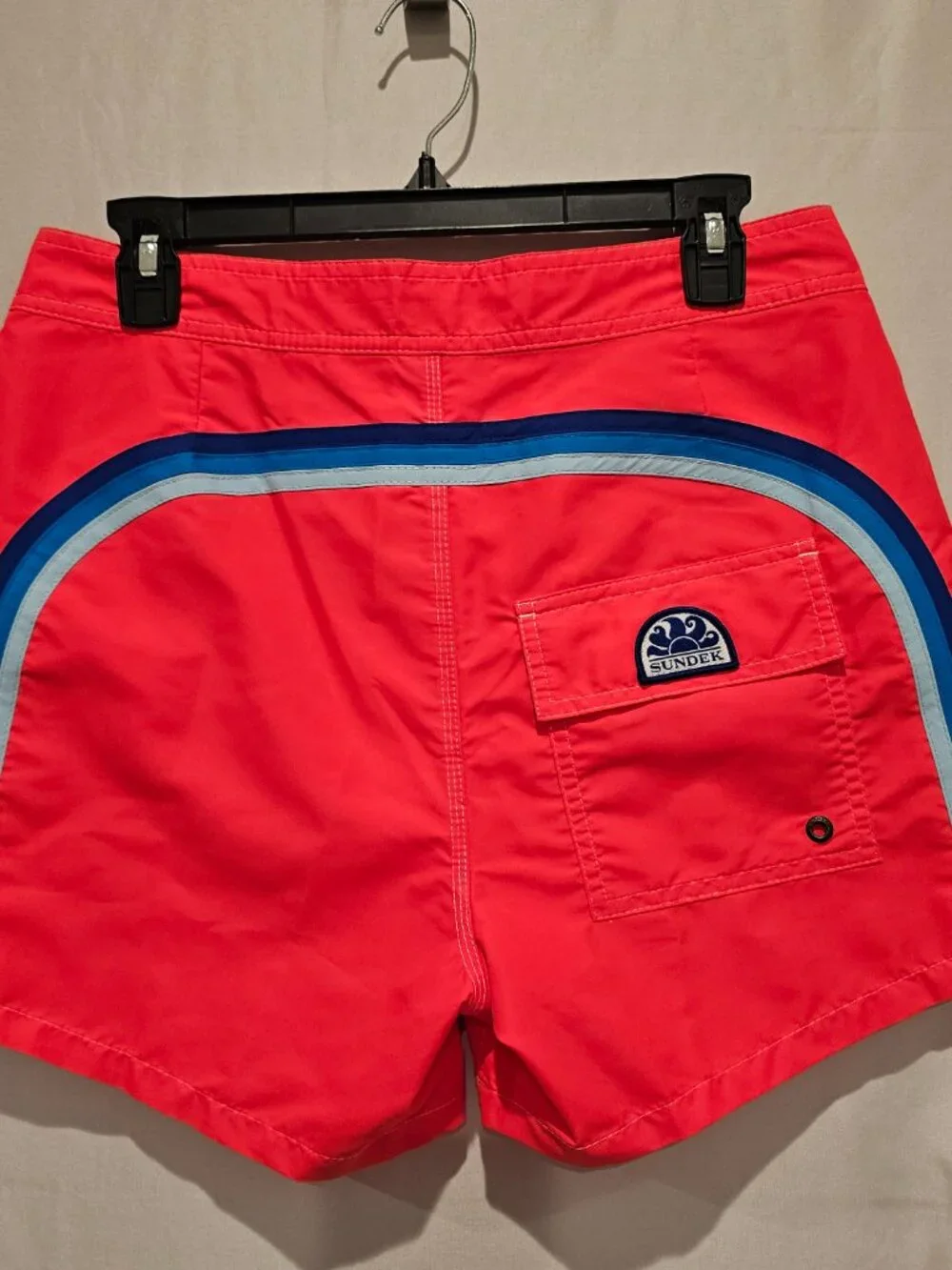 Sundek Men's Striped Board Shorts Size 30 Red Blue Drawstring Mesh Lined Swim